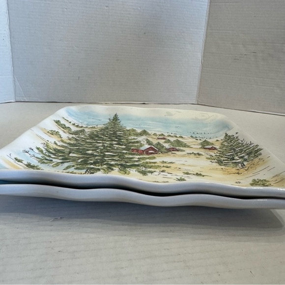 Maxcera SNOWVILLE Square Dinner Plate Winter Snowy Forest House Evergreen Set 2 - Picture 14 of 16